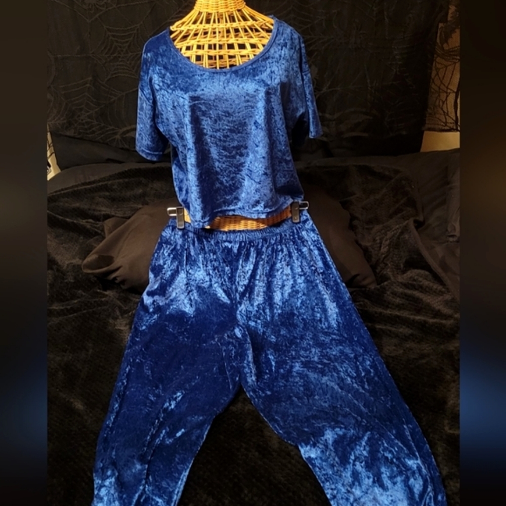 Vtg 90s Secret Treasures  blue sateen crop top High Waist Pant loungewear set L - Picture 10 of 17